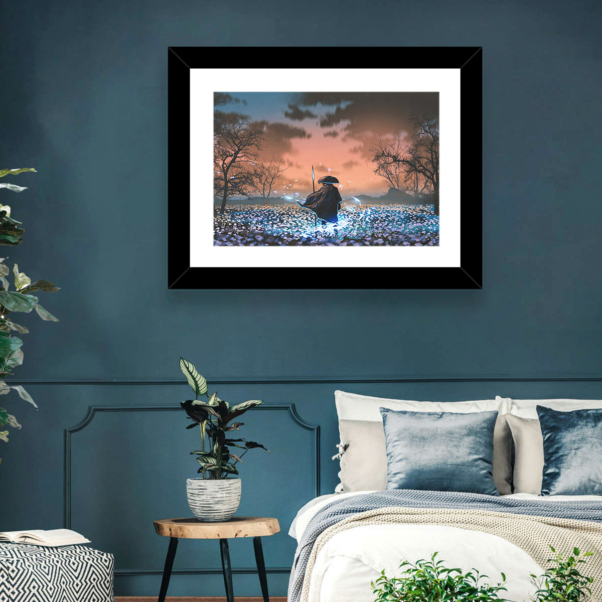 Straw Hat Samurai at Dusk Wall Art in a room, landscape