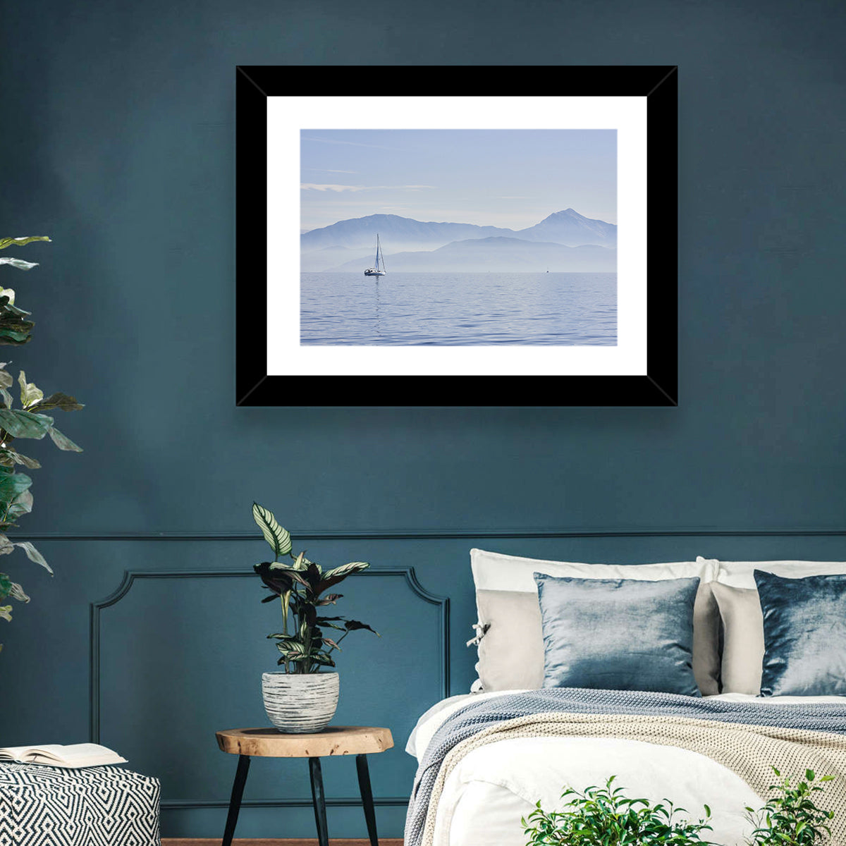 Sailboat and Misty Mountains Wall Art in a room, landscape