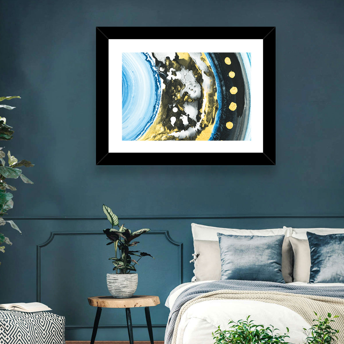 Planet Rings in Blue and Gold Wall Art in a room, landscape