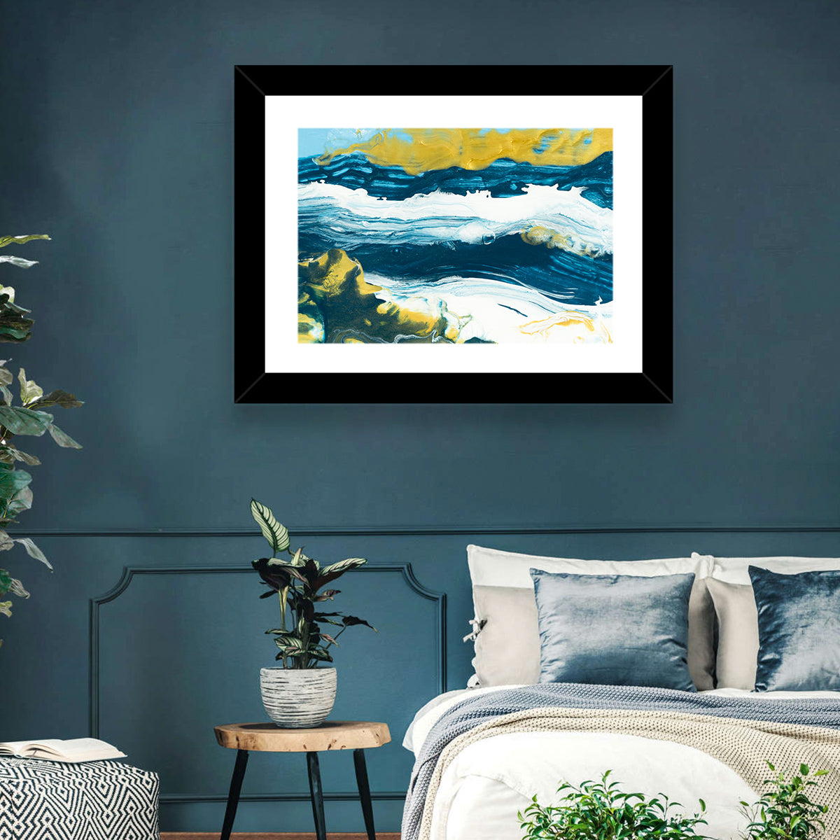 Flowing Streams with Gold Accents Wall Art in a room, landscape
