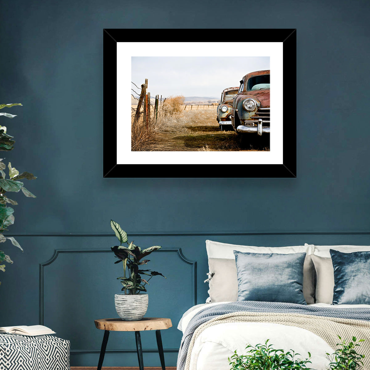 Abandoned Rusty Vintage Cars Behind Barbed Wire Wall Art