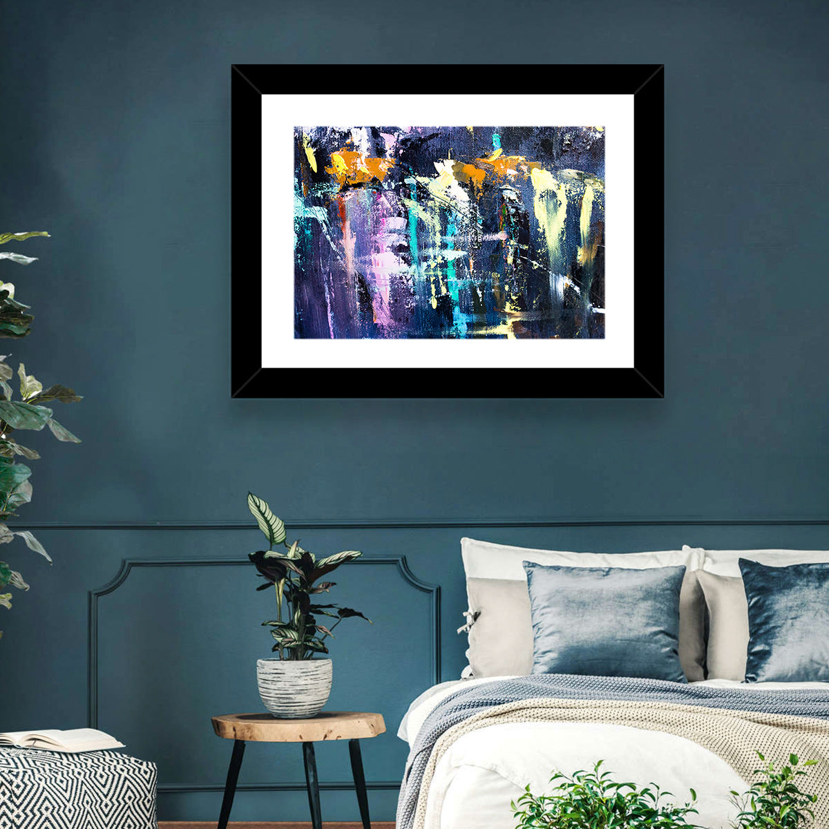 Impasto Waterfall in Blue and Purple Wall Art in a room, landscape