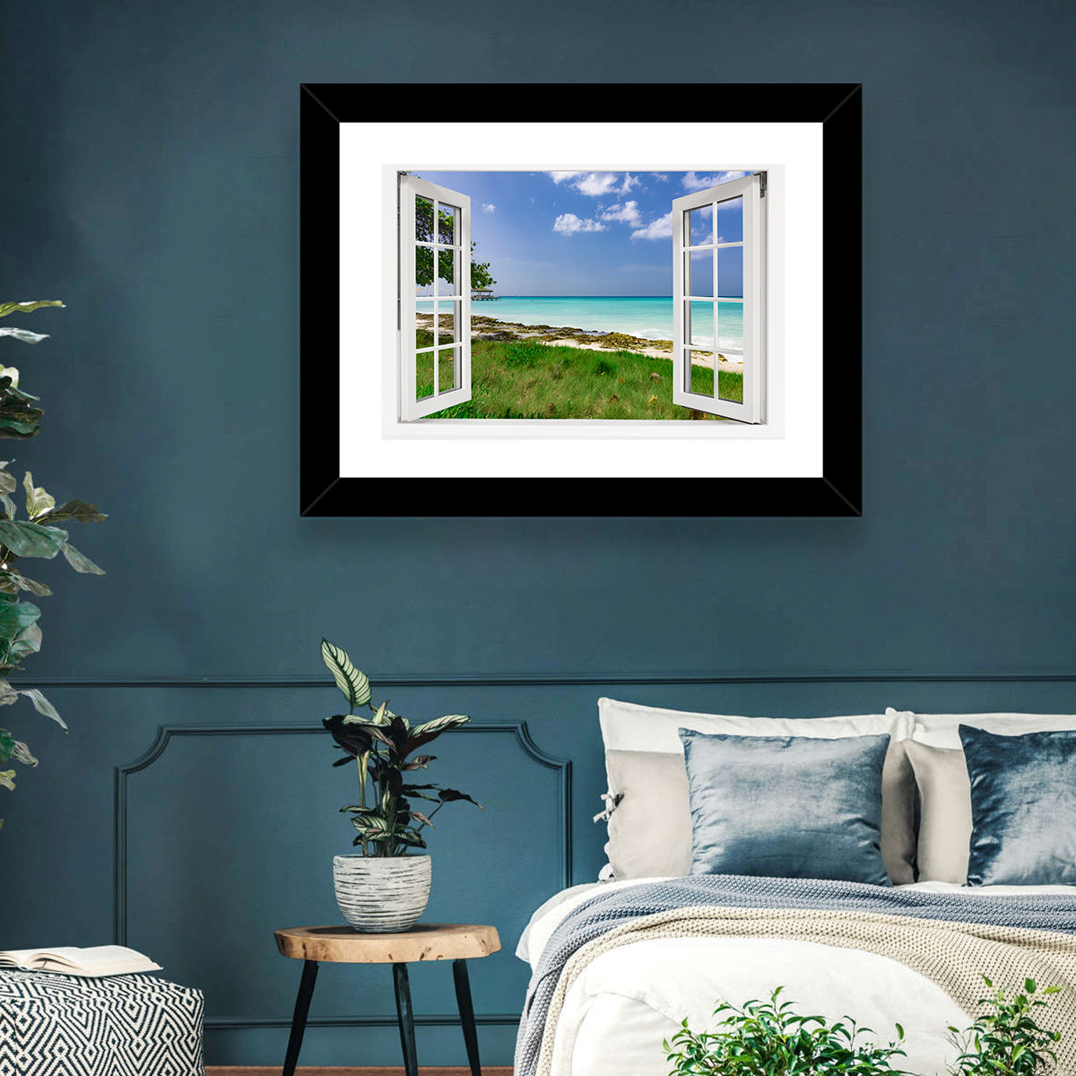 Gazebo on Pier Over Turquoise Ocean Wall Art in a room, landscape
