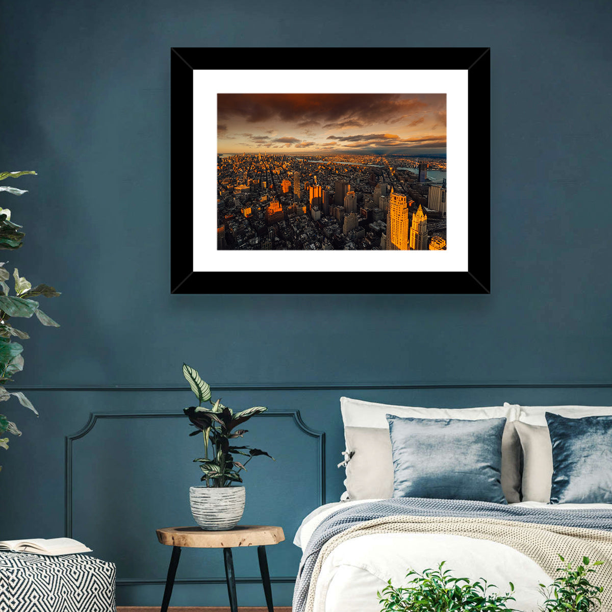 South Manhattan Sunset Skyline Wall Art in a room, landscape