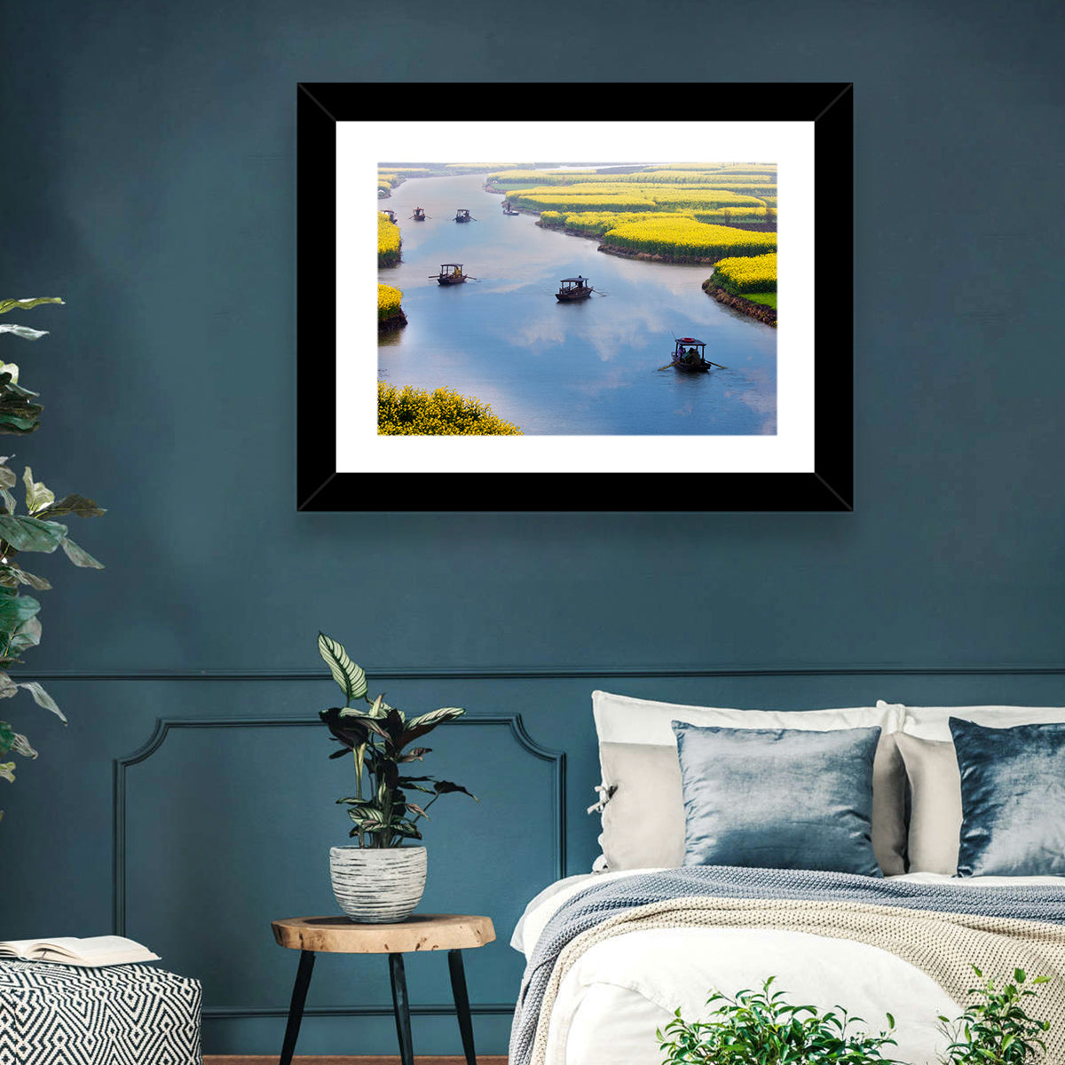 Spring River Rowboats in Rapeseed Fields Wall Art in a room, landscape