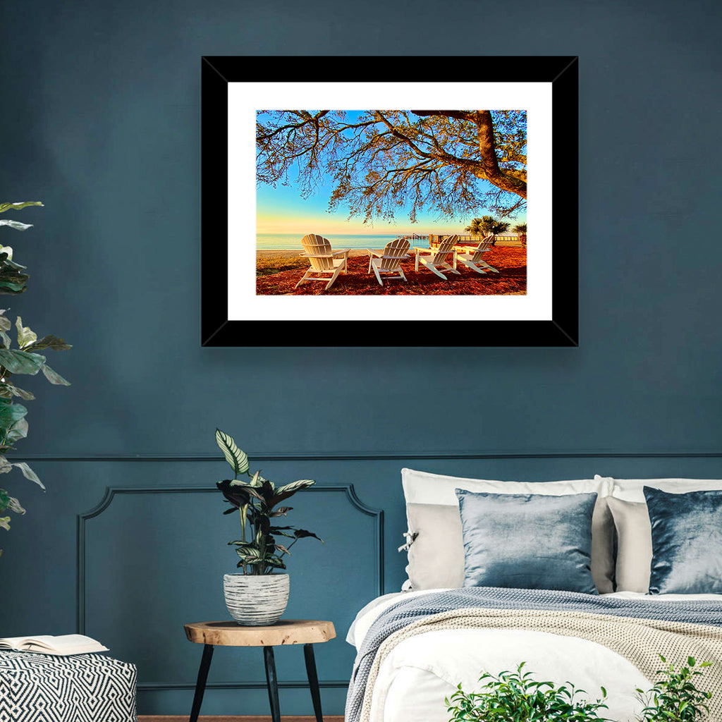 Mobile Bay Adirondack Chairs at Sunrise Wall Art