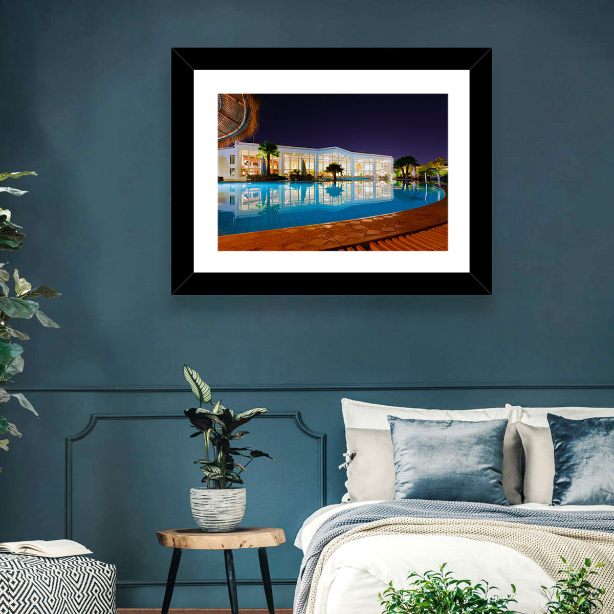 Moonlit Resort Pool Reflection Wall Art in a room, landscape