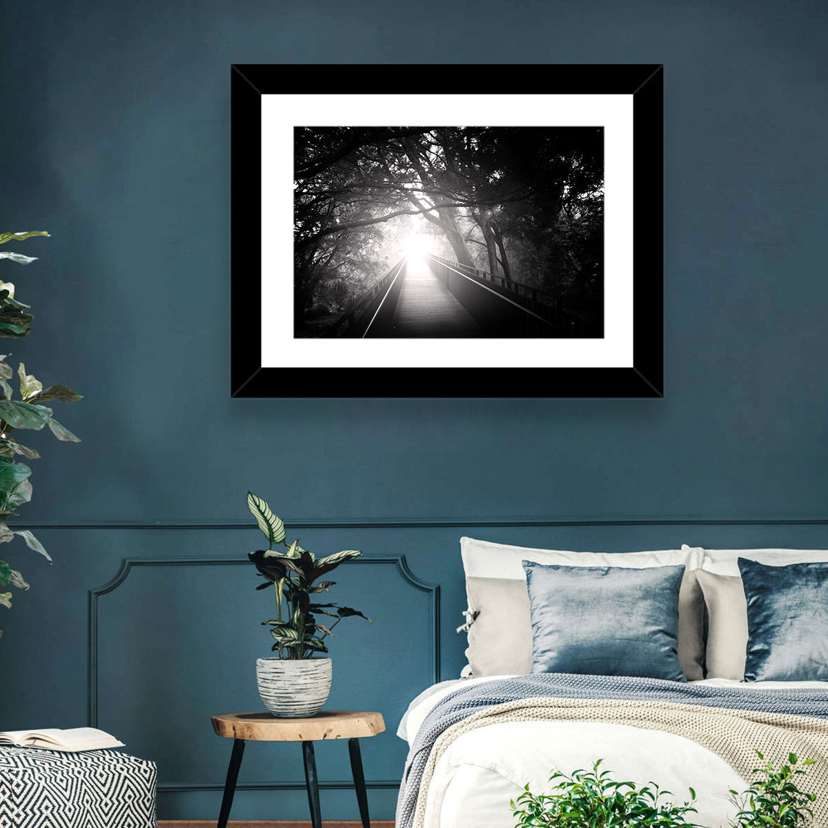 Foggy Forest Bridge Wall Art in a room, landscape