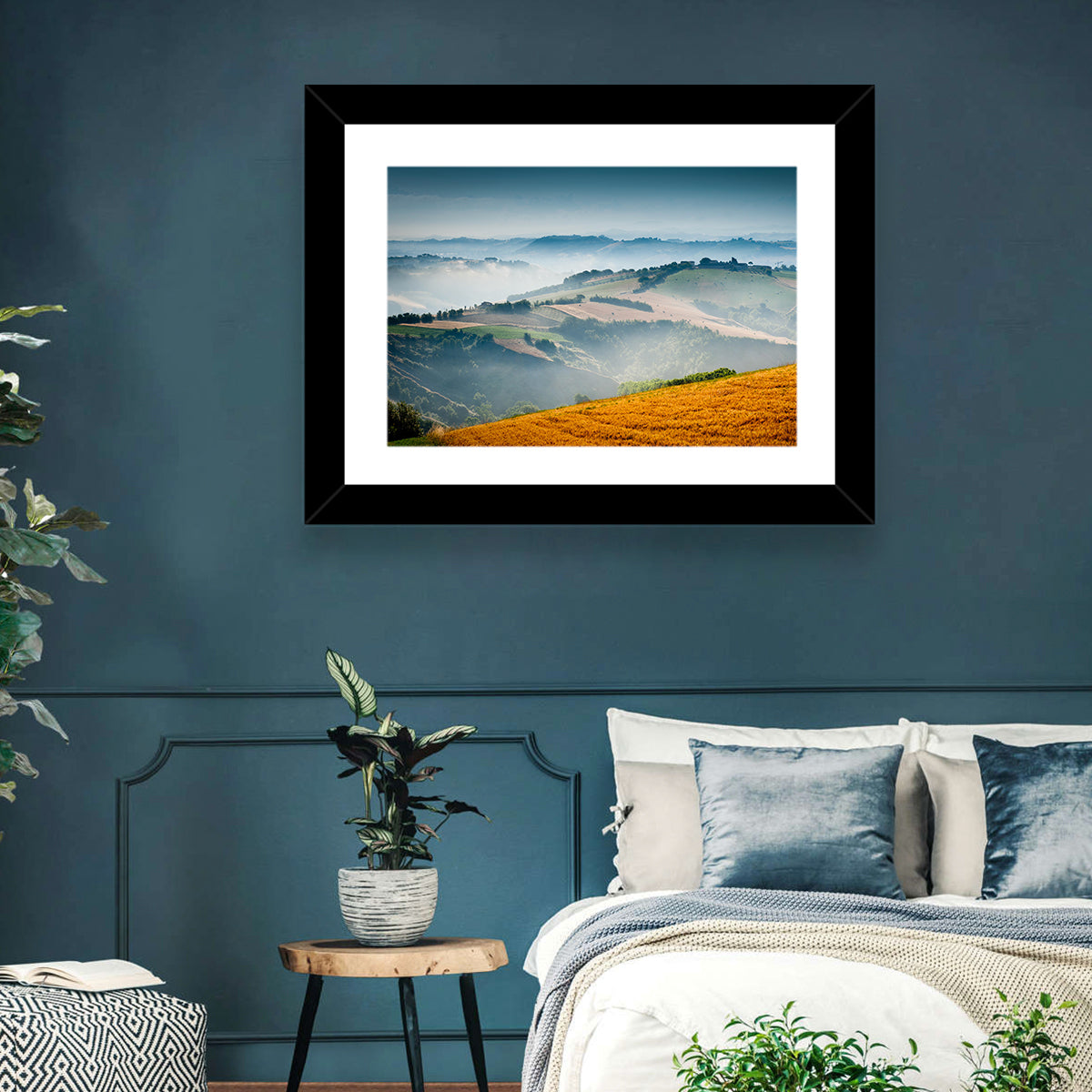 Morning Mist Over Tuscany Wall Art in a room, landscape