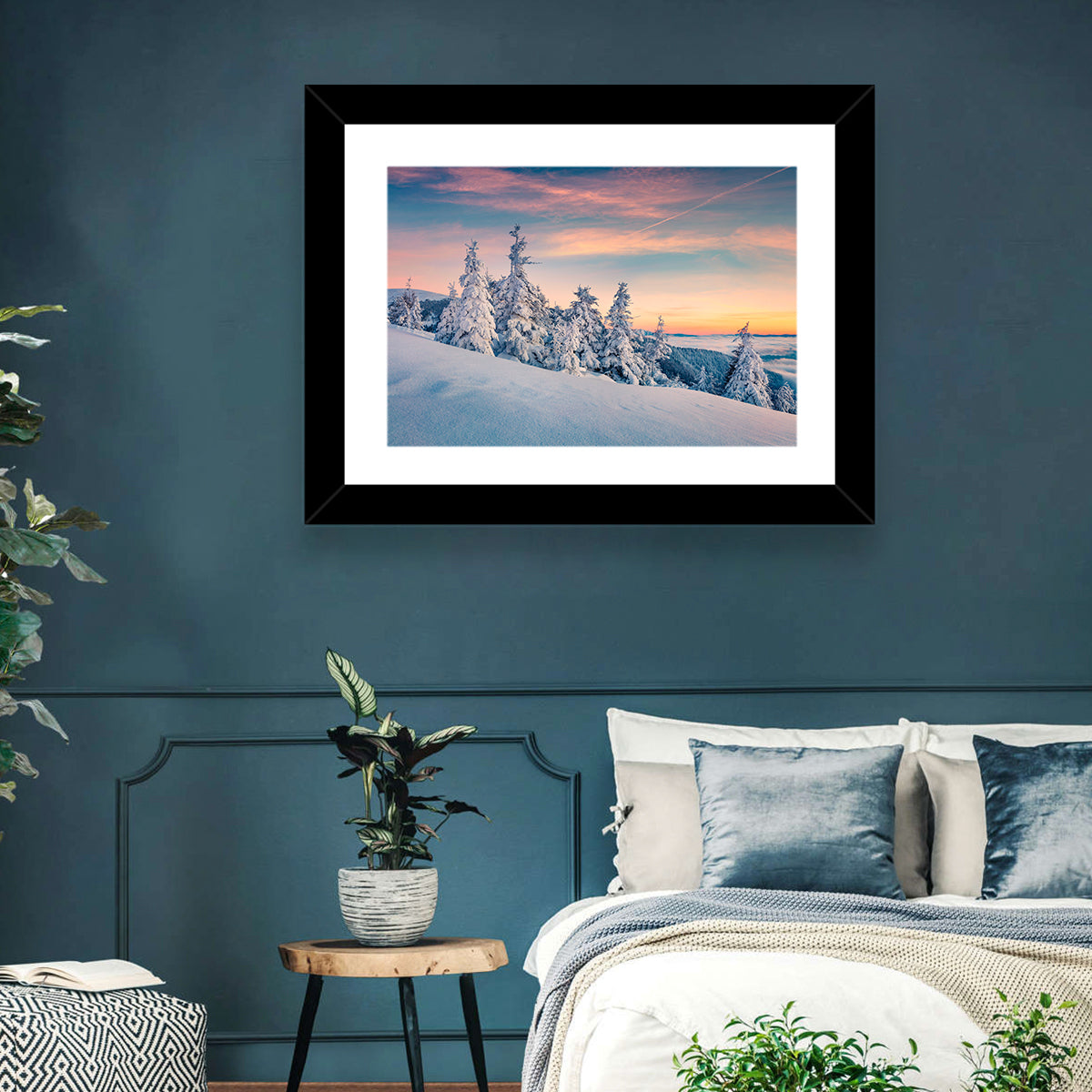 Snowy Carpathian Sunset Wall Art in a room, landscape