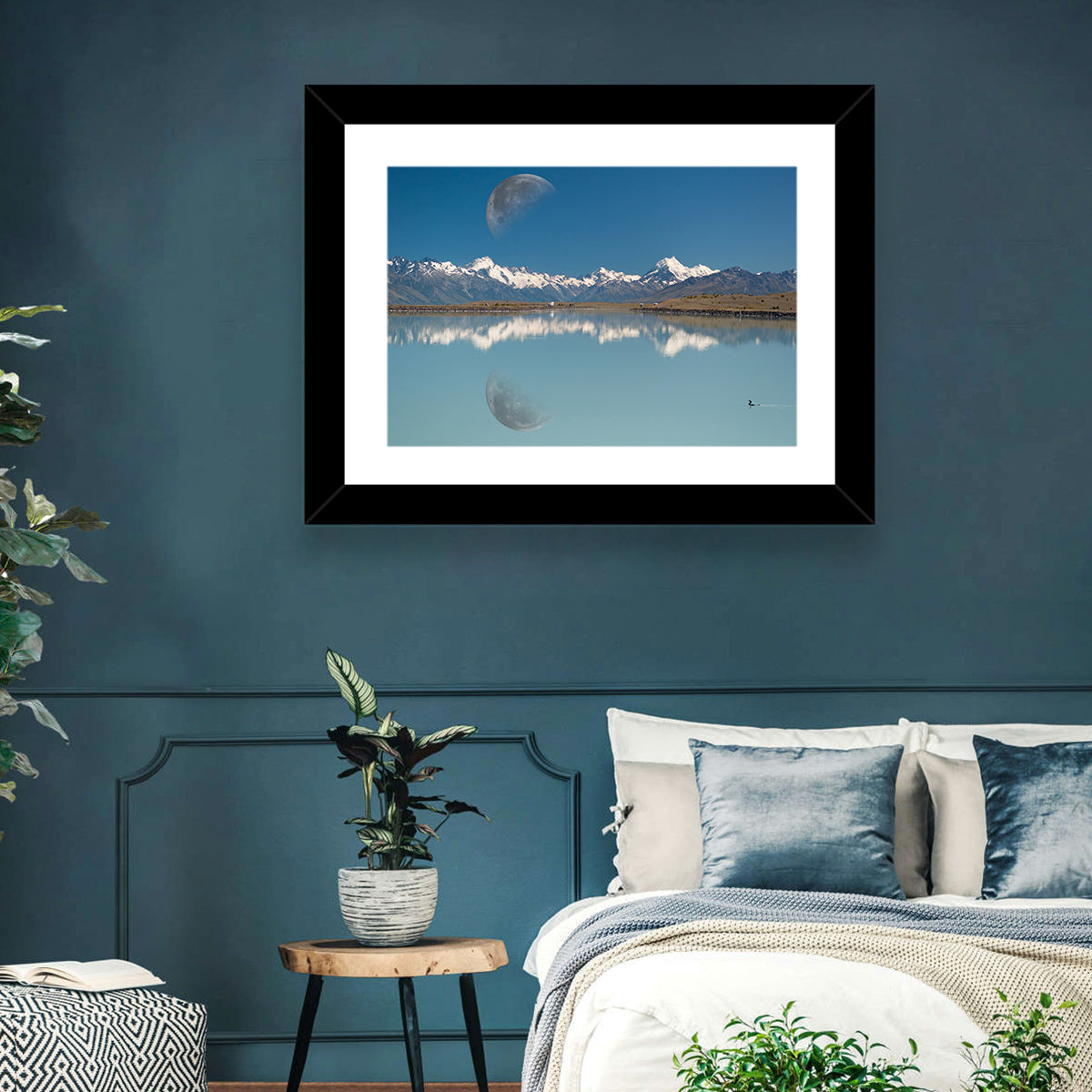 Moon Over Mt Cook and Lake Pukaki Wall Art in a room, landscape