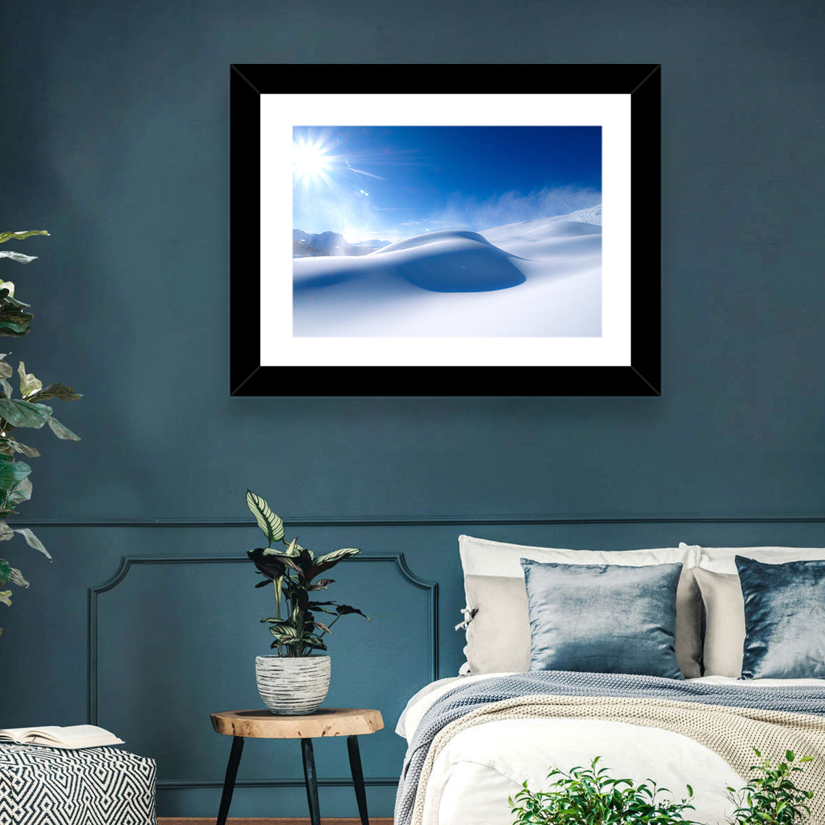 Sunlit Snow Dune Under Blue Sky Wall Art in a room, landscape