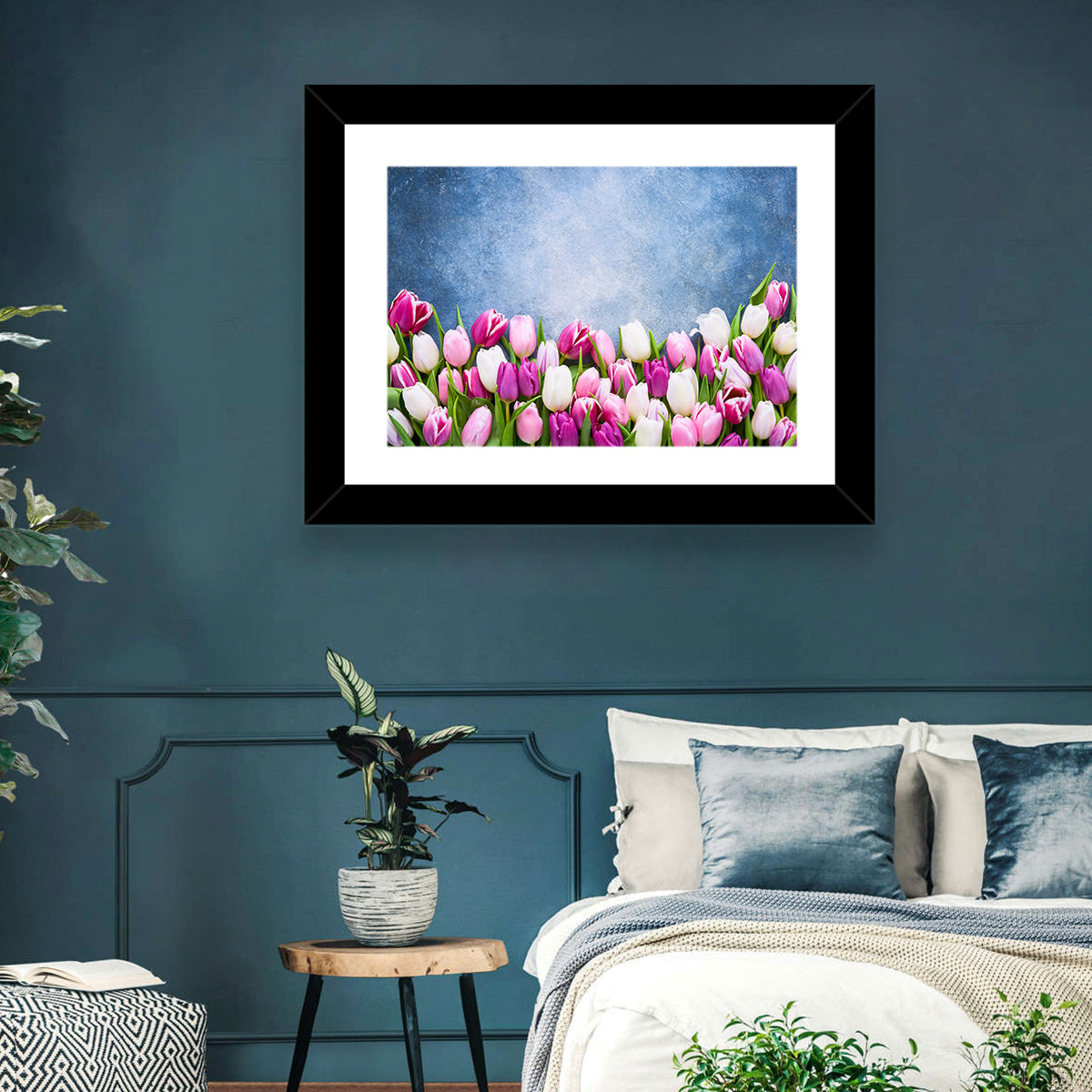 Tulips on Textured Blue Wall Art