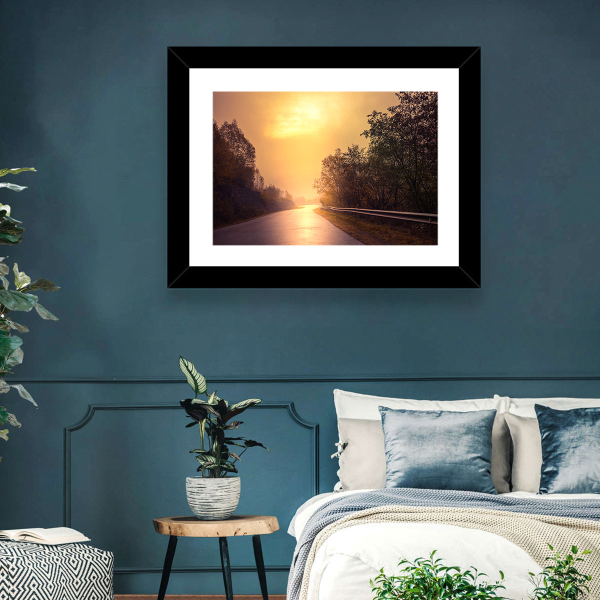 Windy Misty Forest Road Wall Art in a room, landscape