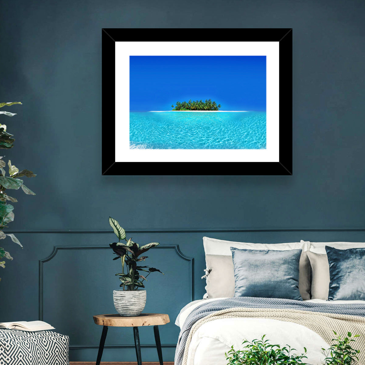 Turquoise Atoll Sandbar with Palm Trees Wall Art in a room, landscape