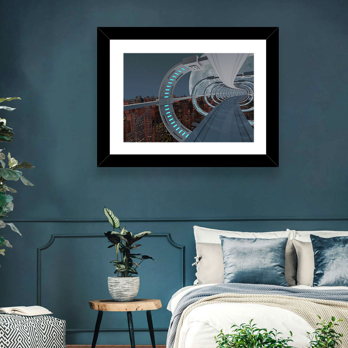 Futuristic City Tunnel with Moon Wall Art