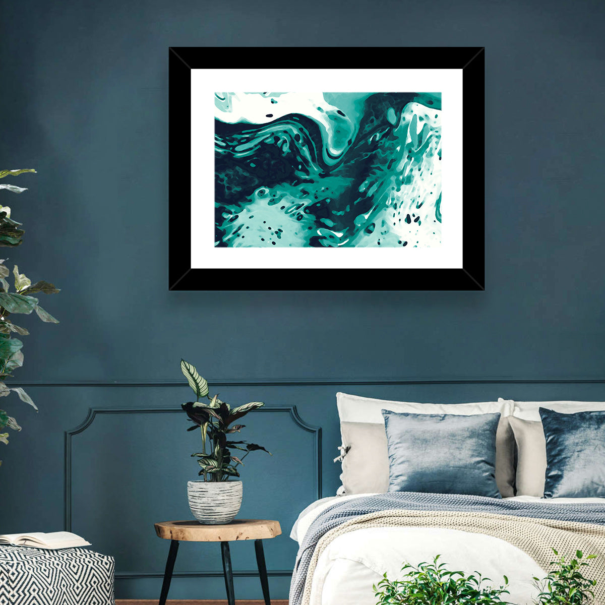 Teal Wave Abstract Wall Art in a room, landscape