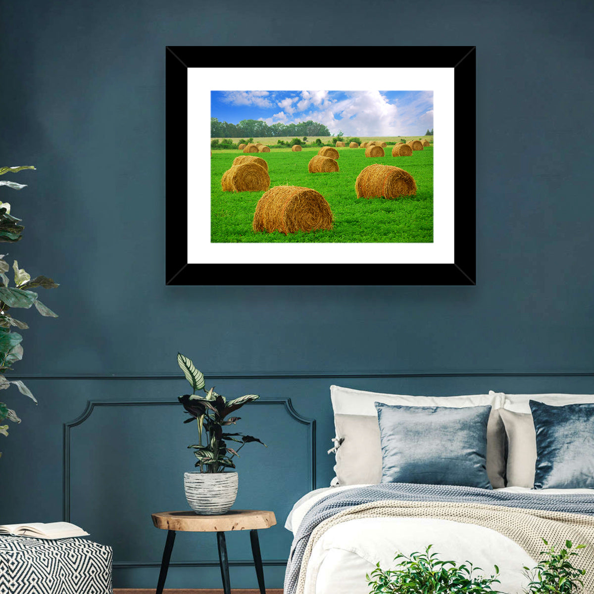 Golden Hay Bales in Green Field Wall Art in a room, landscape