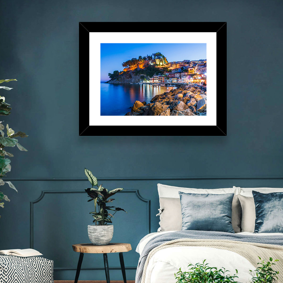 Parga Harbor at Dusk Wall Art in a room, landscape