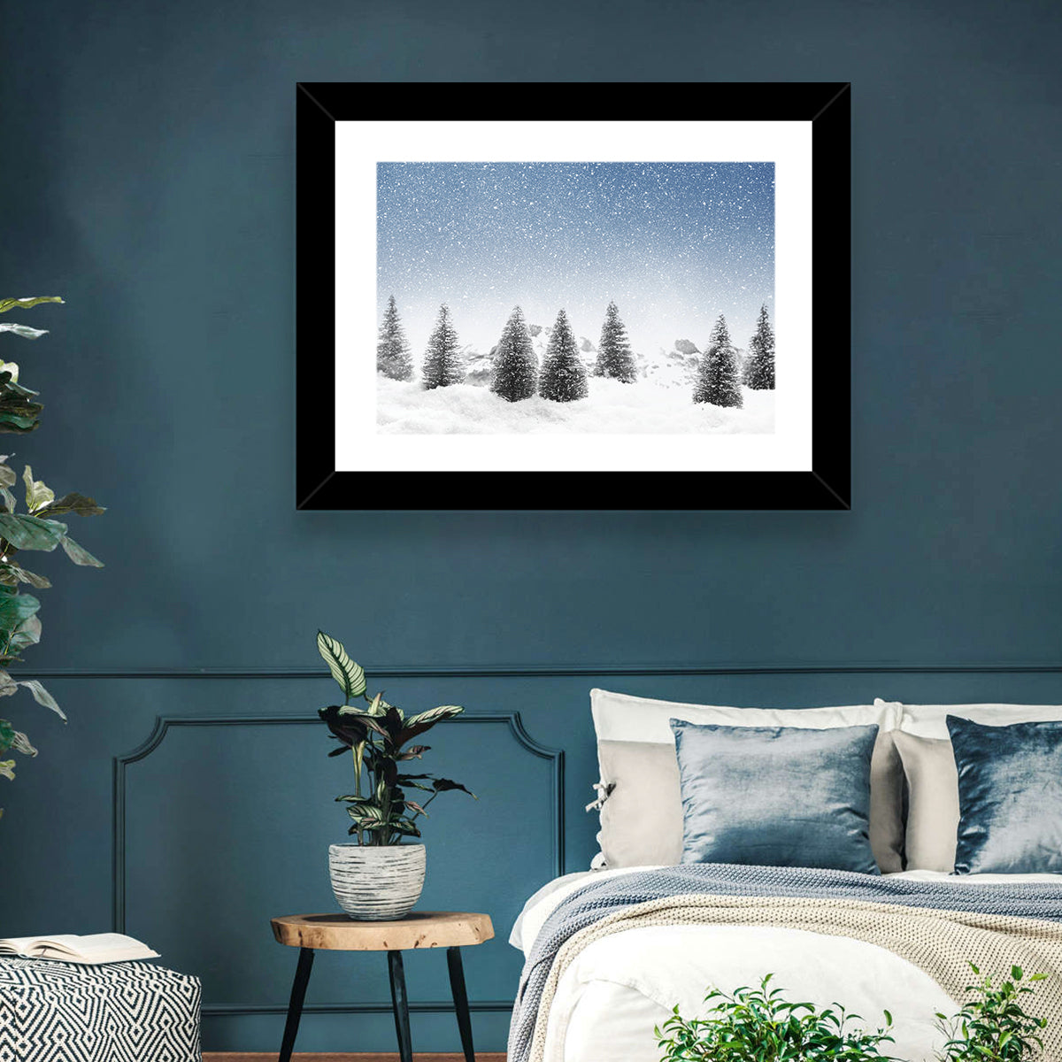 Winter Pine Trees Landscape Wall Art in a room, landscape