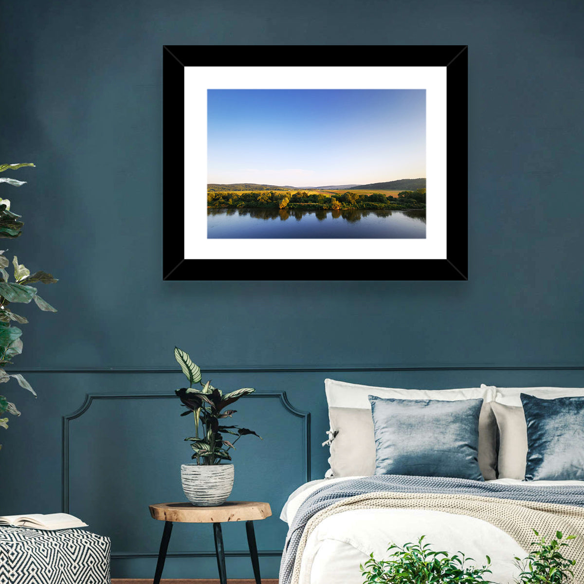 Peaceful River Sunset Wall Art in a room, landscape