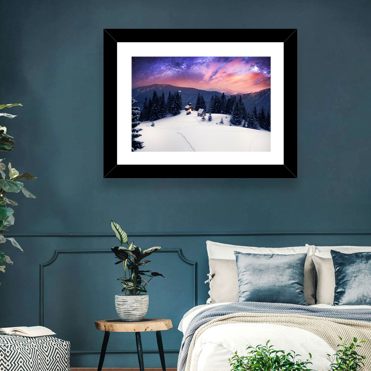 Starry Winter Cabins Under the Milky Way Wall Art in a room, landscape