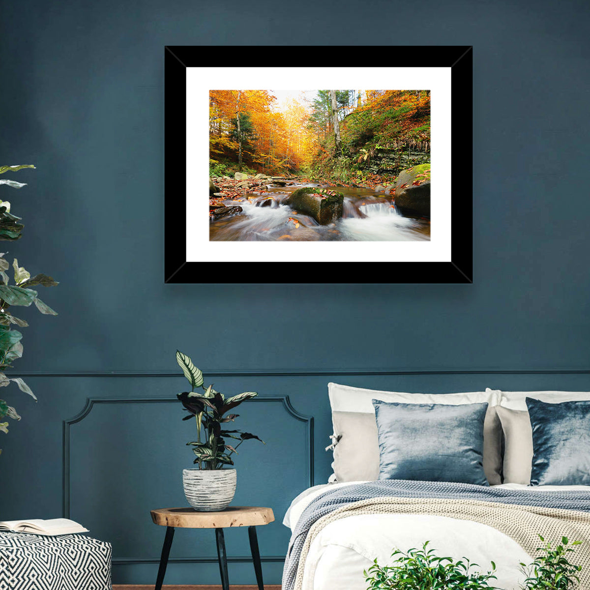 Forest Stream in Autumn Wall Art in a room, landscape