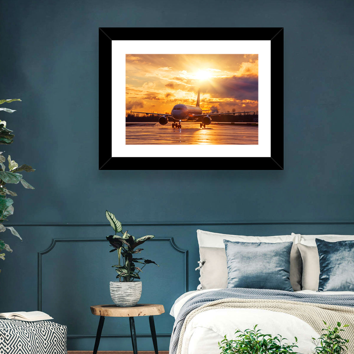 Golden Hour Airliner on Wet Runway Wall Art in a room, landscape