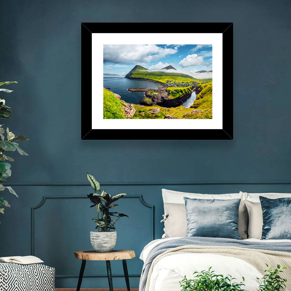 Gjógv Harbor Coastal Village Wall Art in a room, landscape