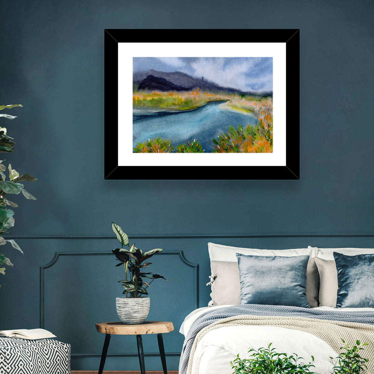 Misty Autumn River and Mountain Landscape Wall Art