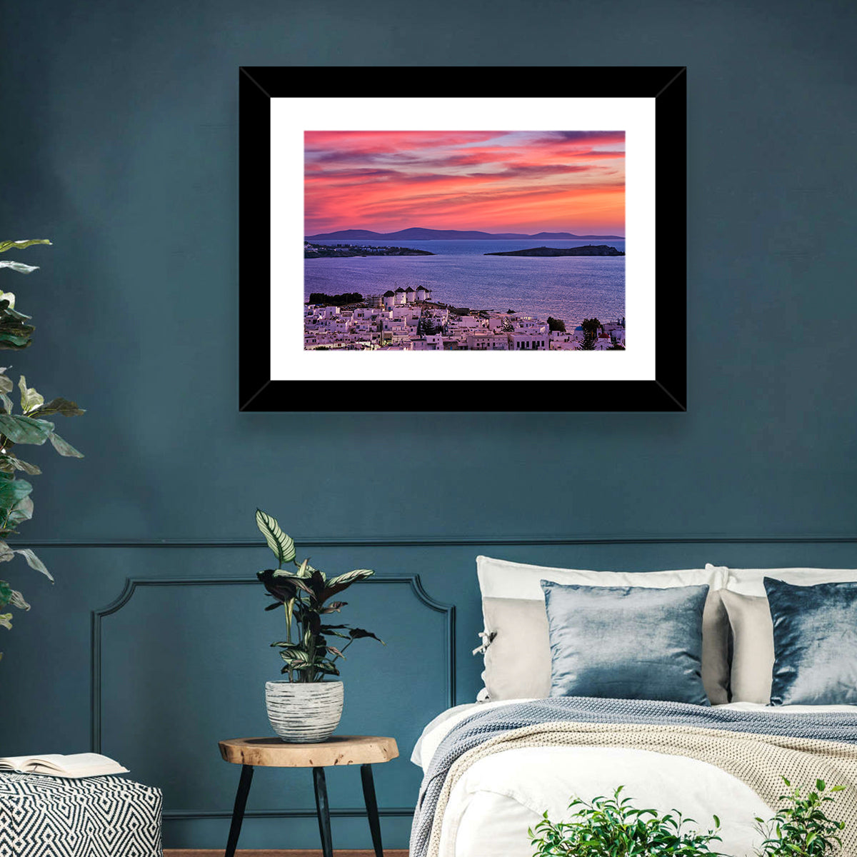 Mykonos Windmills at Sunset Wall Art in a room, landscape