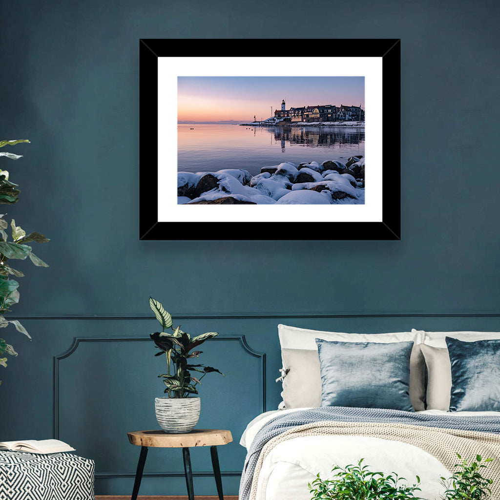 Urk Lighthouse Winter Twilight Harbor Wall Art