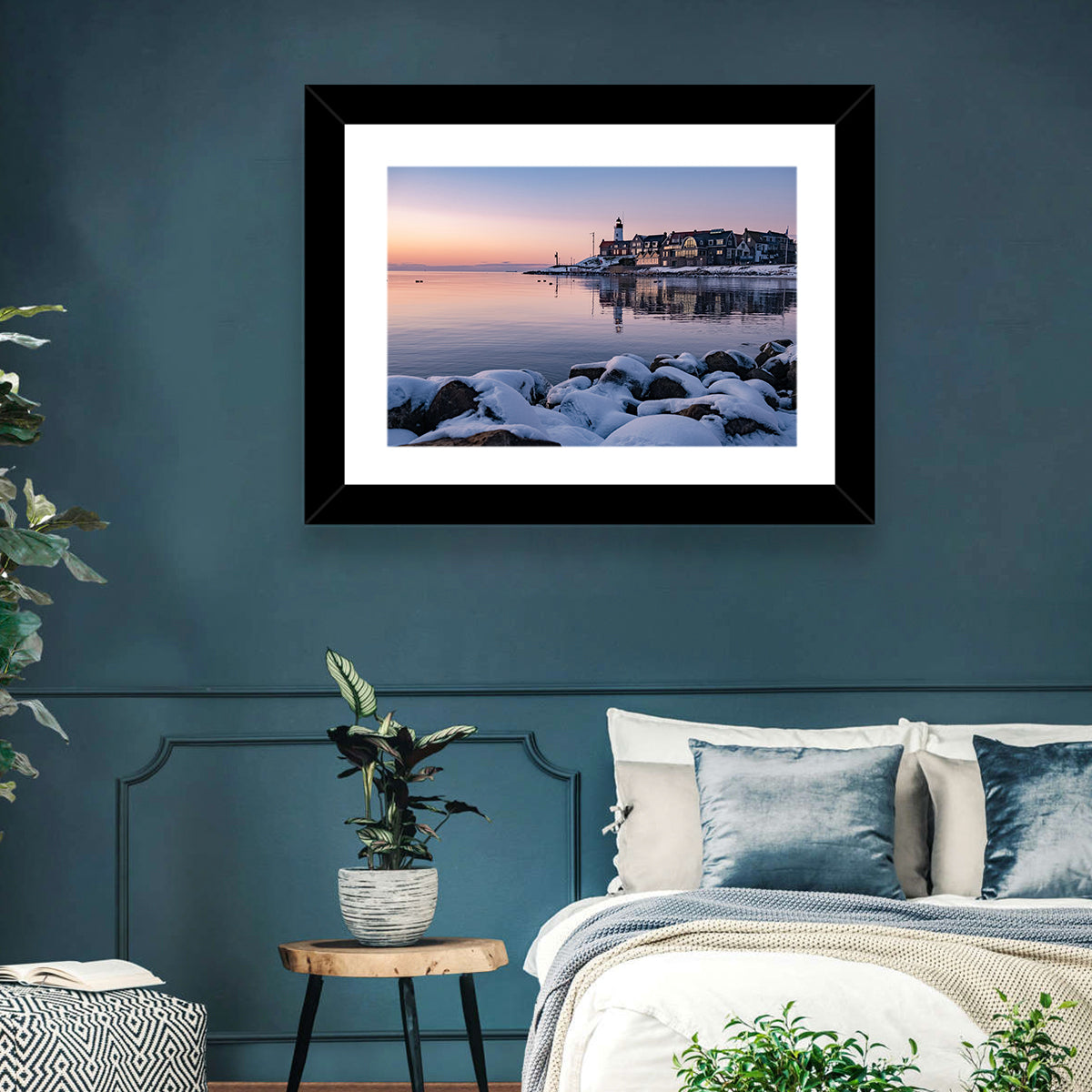 Urk Lighthouse Winter Twilight Harbor Wall Art in a room, landscape