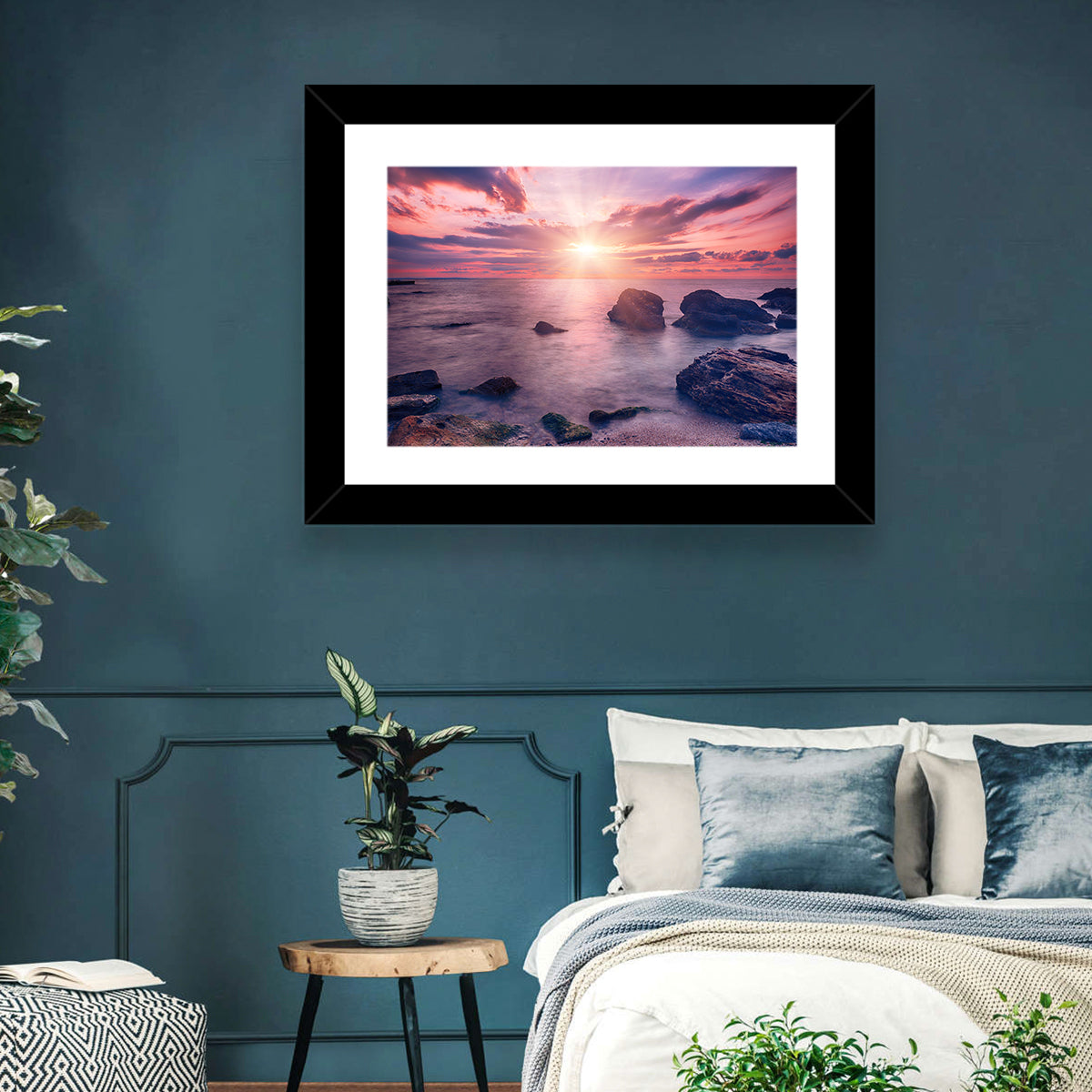 Ethereal Sea Sunrise Wall Art in a room, landscape