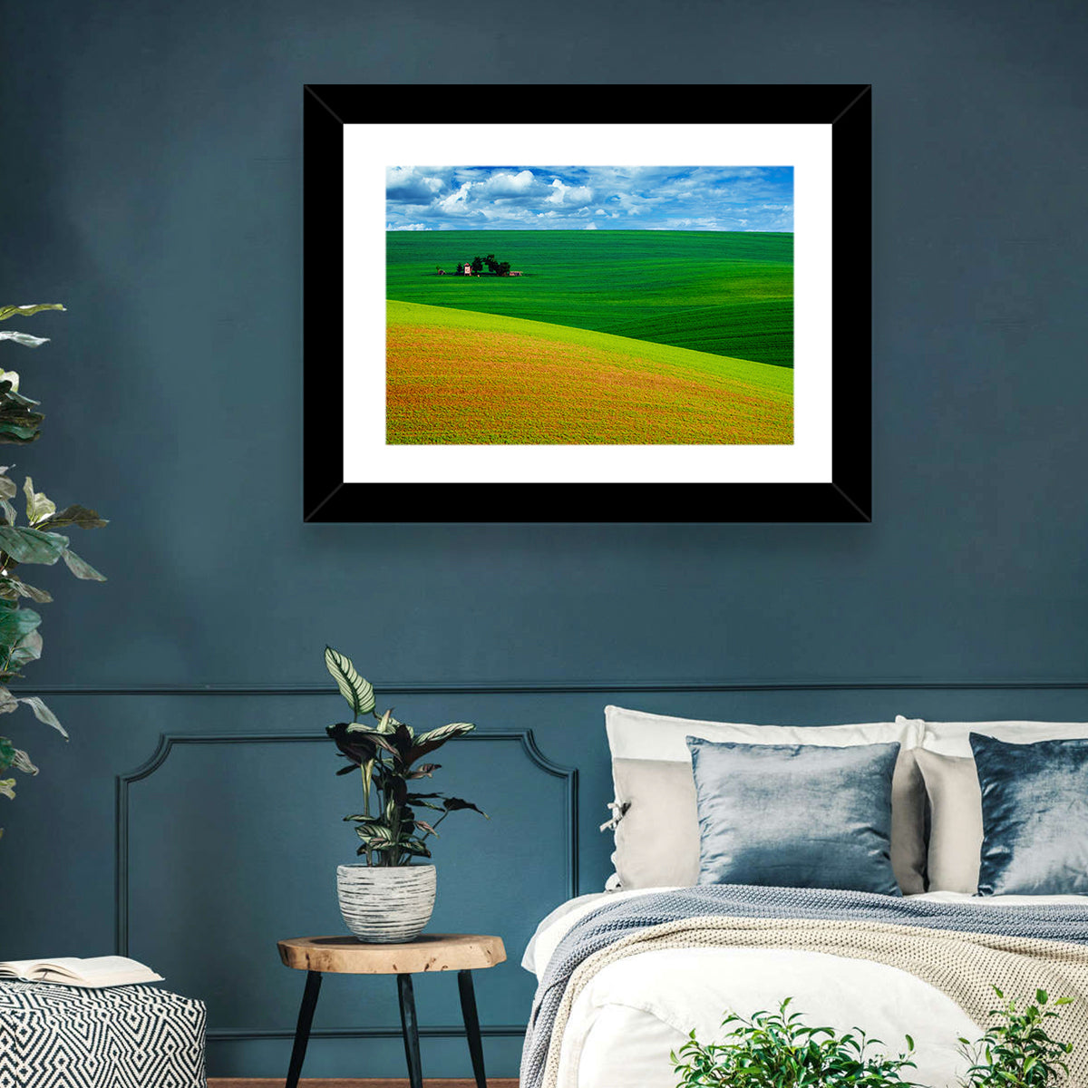 Golden Field and Green Hillside Wall Art in a room, landscape