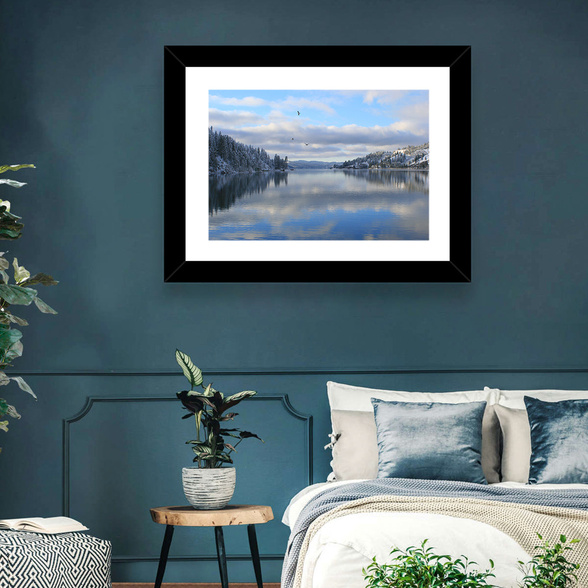 Coeur D Alene Winter Lake Reflection Wall Art in a room, landscape