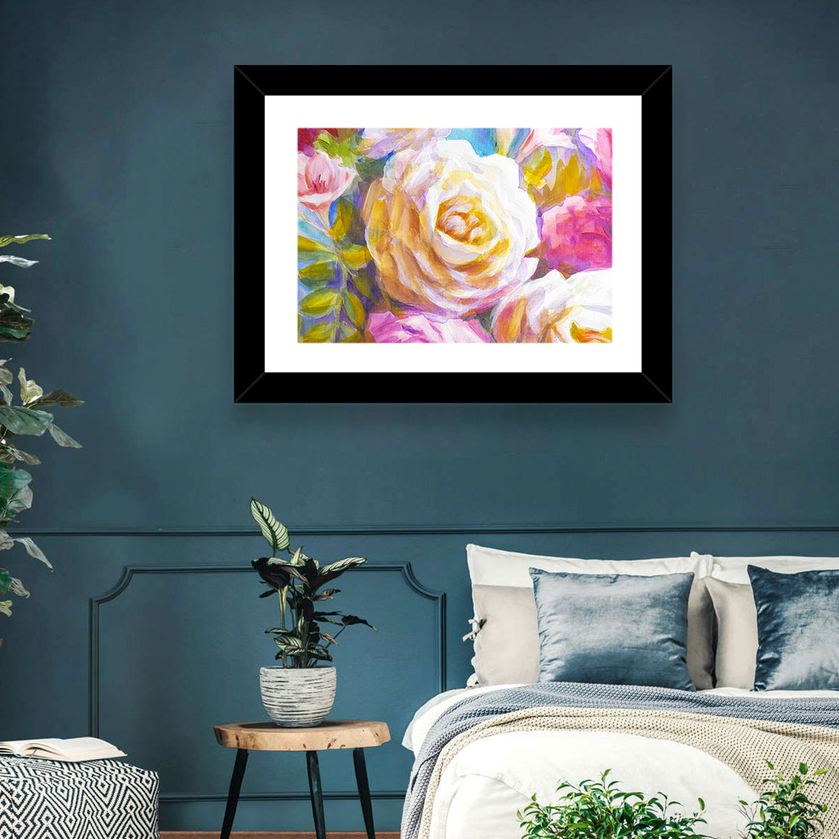 White and Gold Rose Bouquet Wall Art in a room, landscape