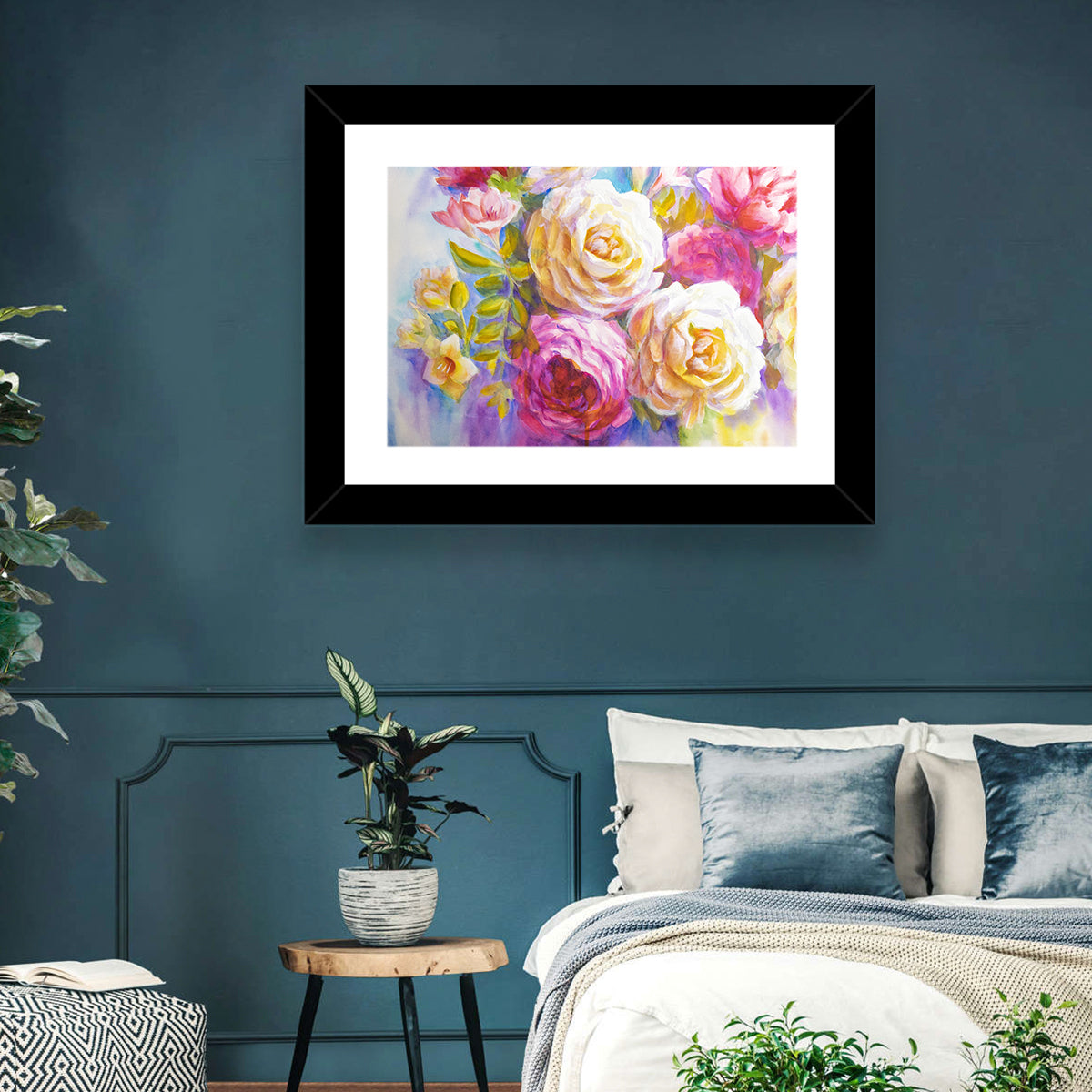 Layered Watercolor Rose Bouquet Wall Art in a room, landscape