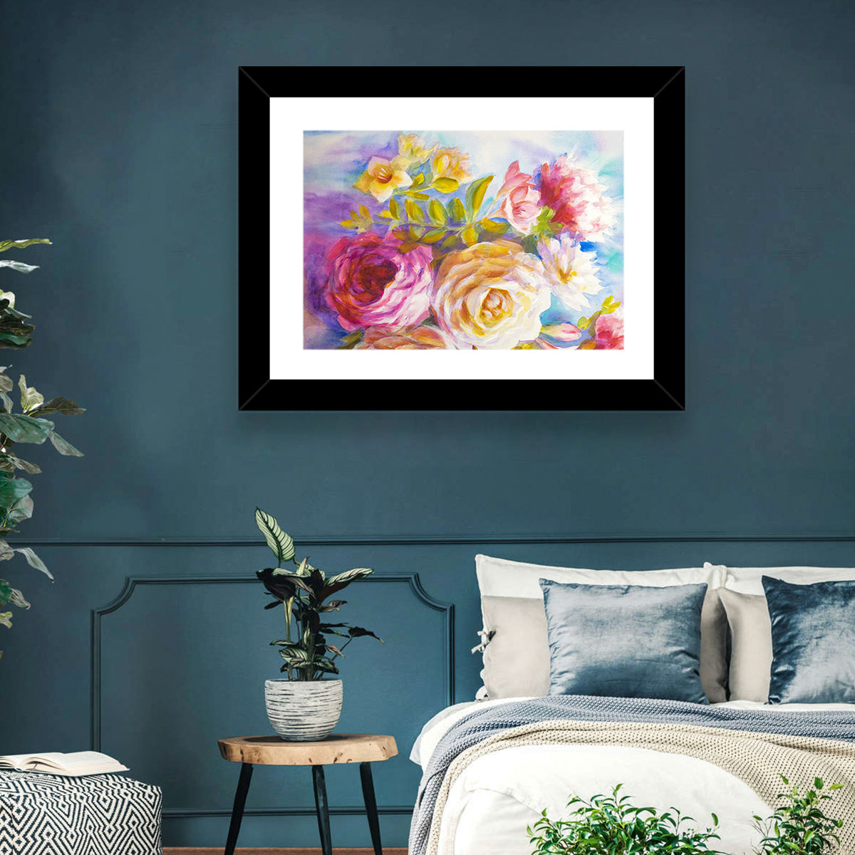 Painterly Peonies and Rose Bouquet Wall Art in a room, landscape