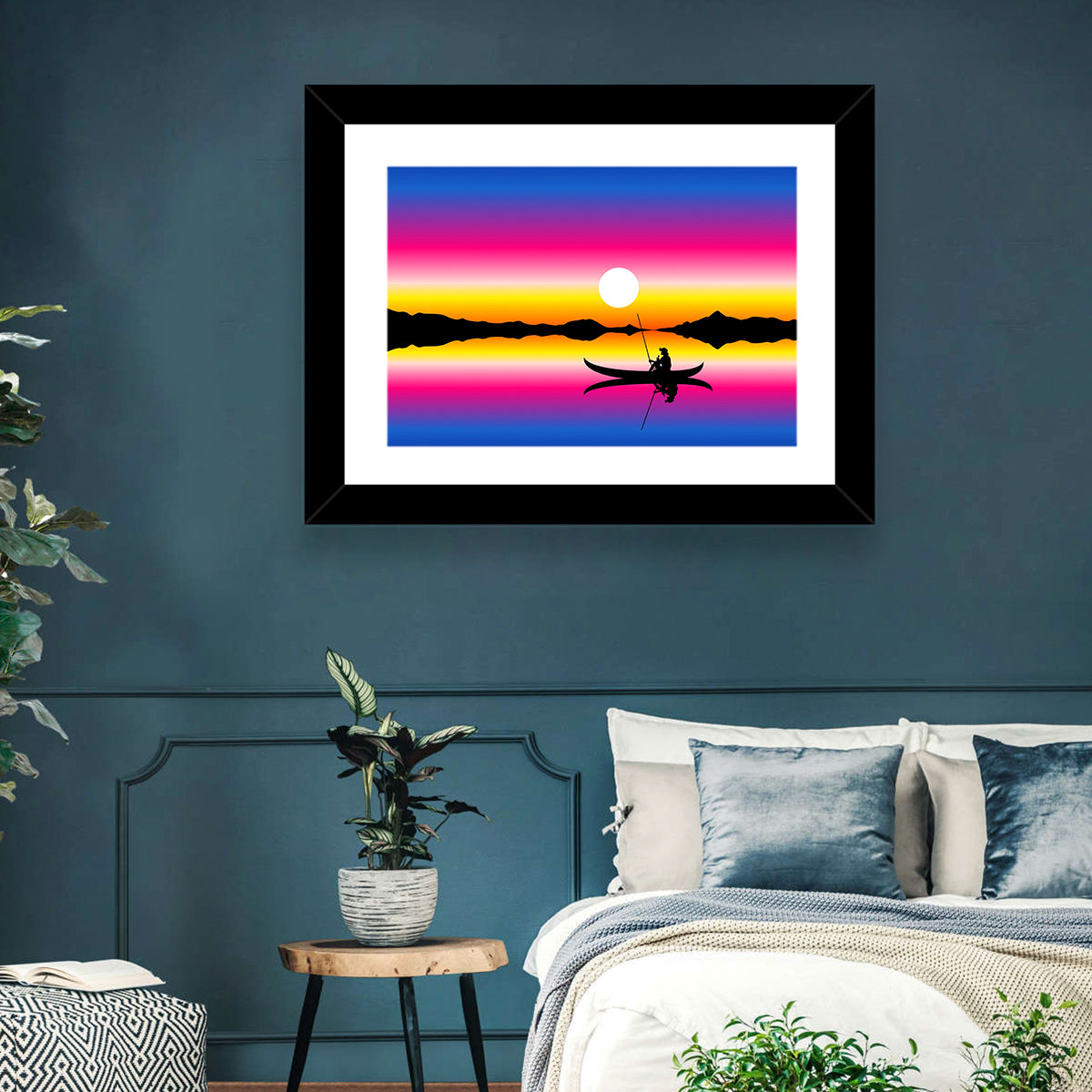Fisherman Silhouette at Sunset Wall Art in a room, landscape