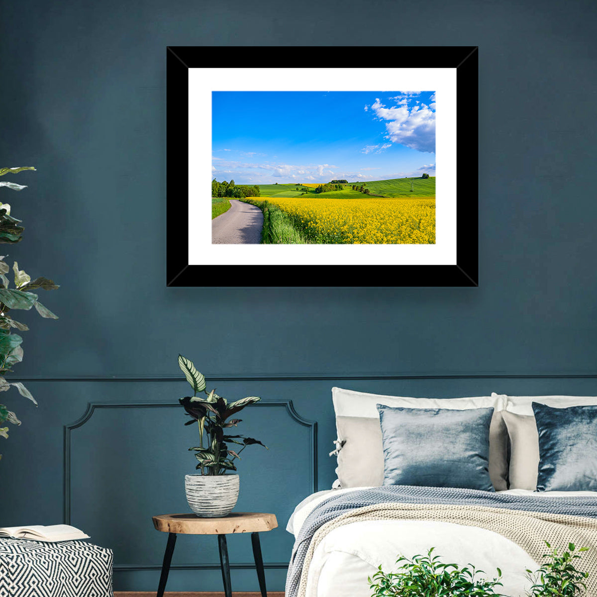 Rapeseed Field Road Under Blue Sky Wall Art