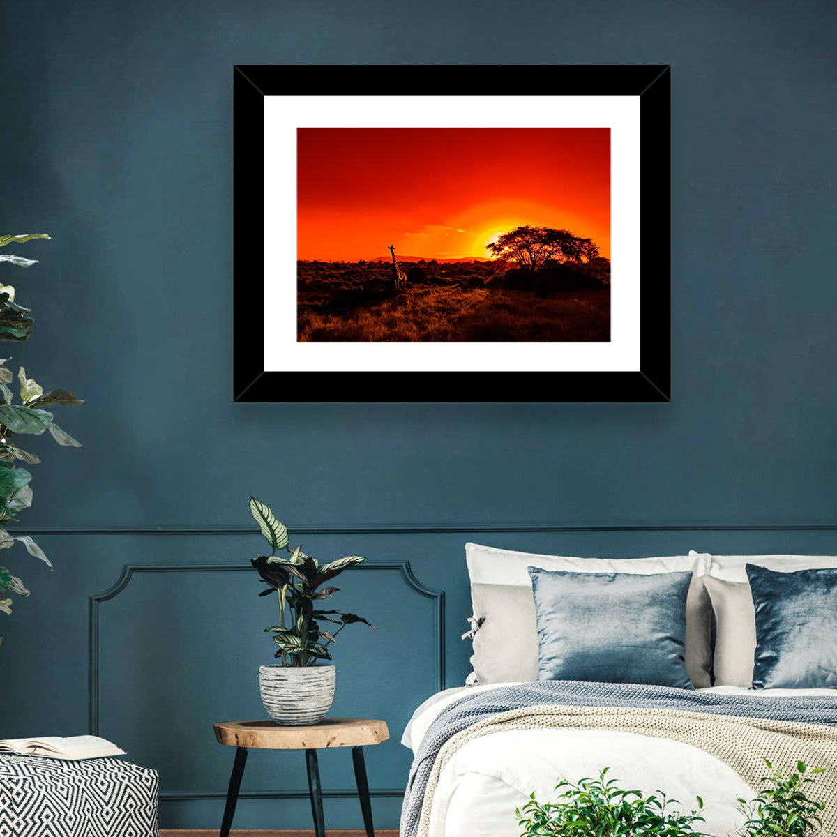 Savanna Sunset with Giraffe Wall Art in a room, landscape