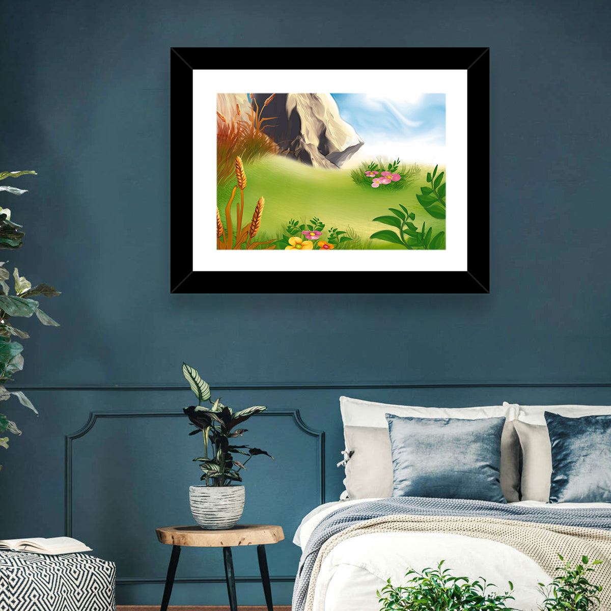 Sunny Mountain Meadow Illustration Wall Art
