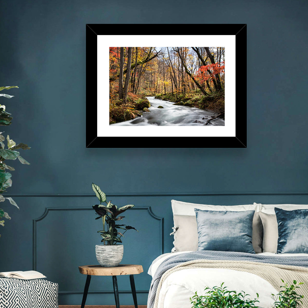 Sunlit Forest Stream Wall Art in a room, landscape