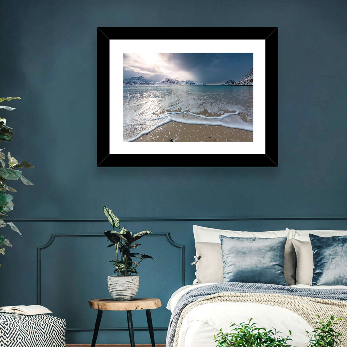 Haukland Beach Winter Light Wall Art in a room, landscape