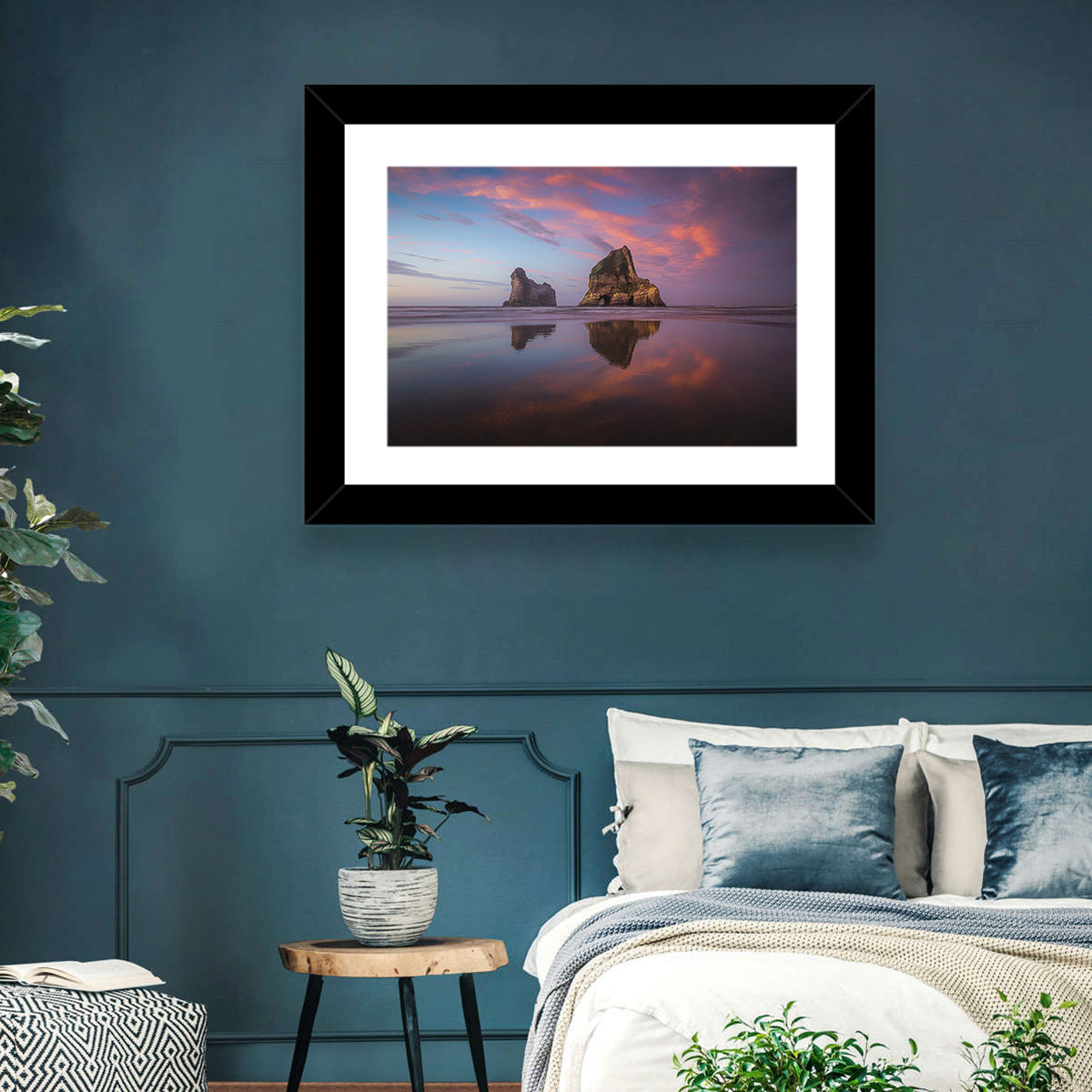 Wharariki Beach Sunrise Wall Art in a room, landscape