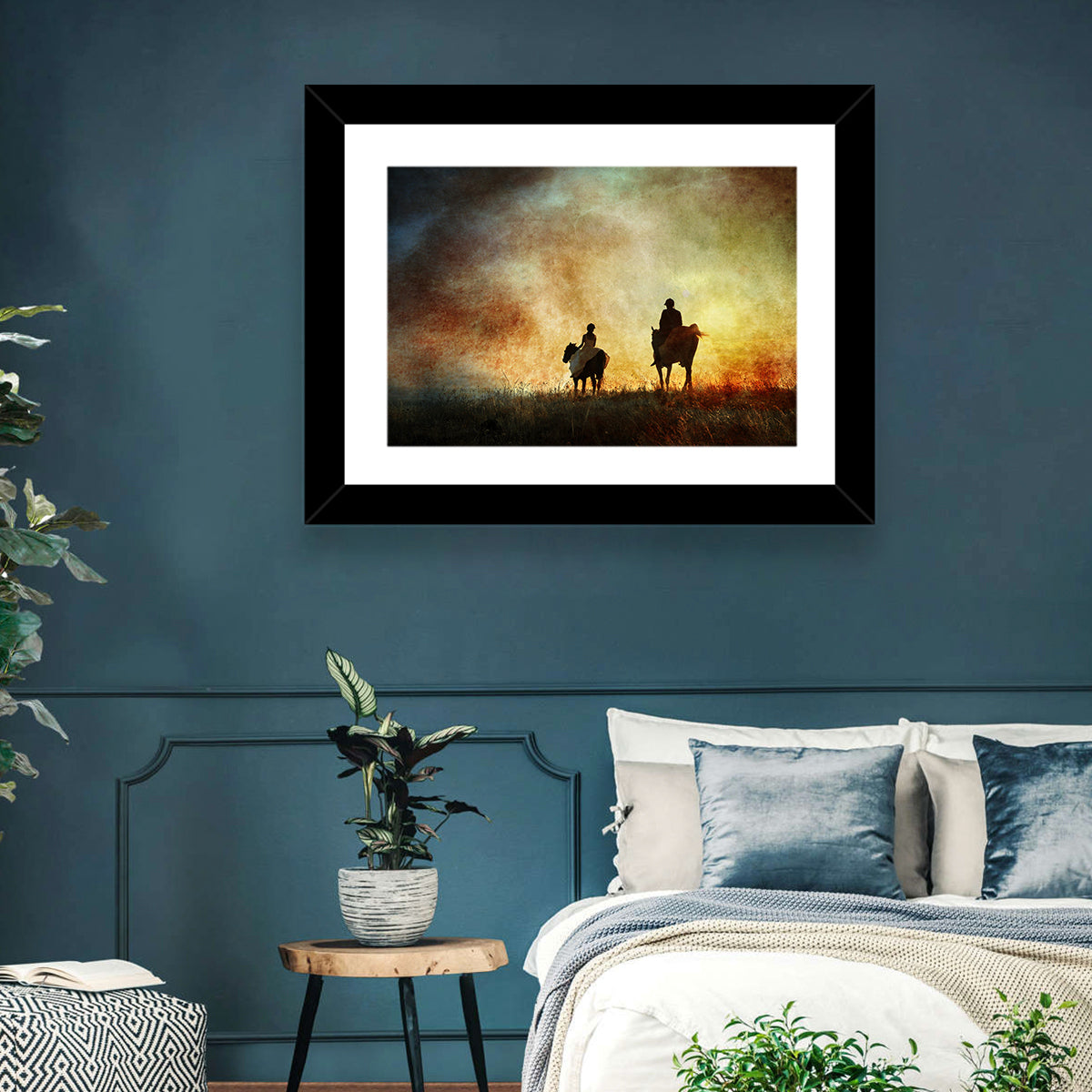 Silhouetted Horse Riders at Sunset Wall Art in a room, landscape
