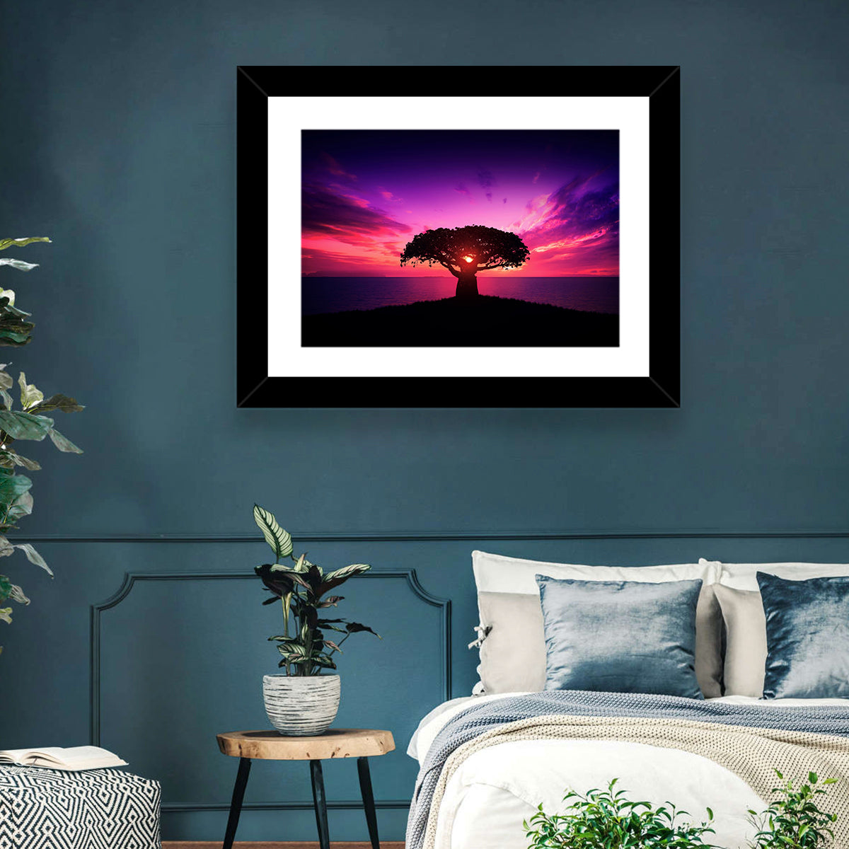 Baobab Sunset Silhouette Wall Art in a room, landscape