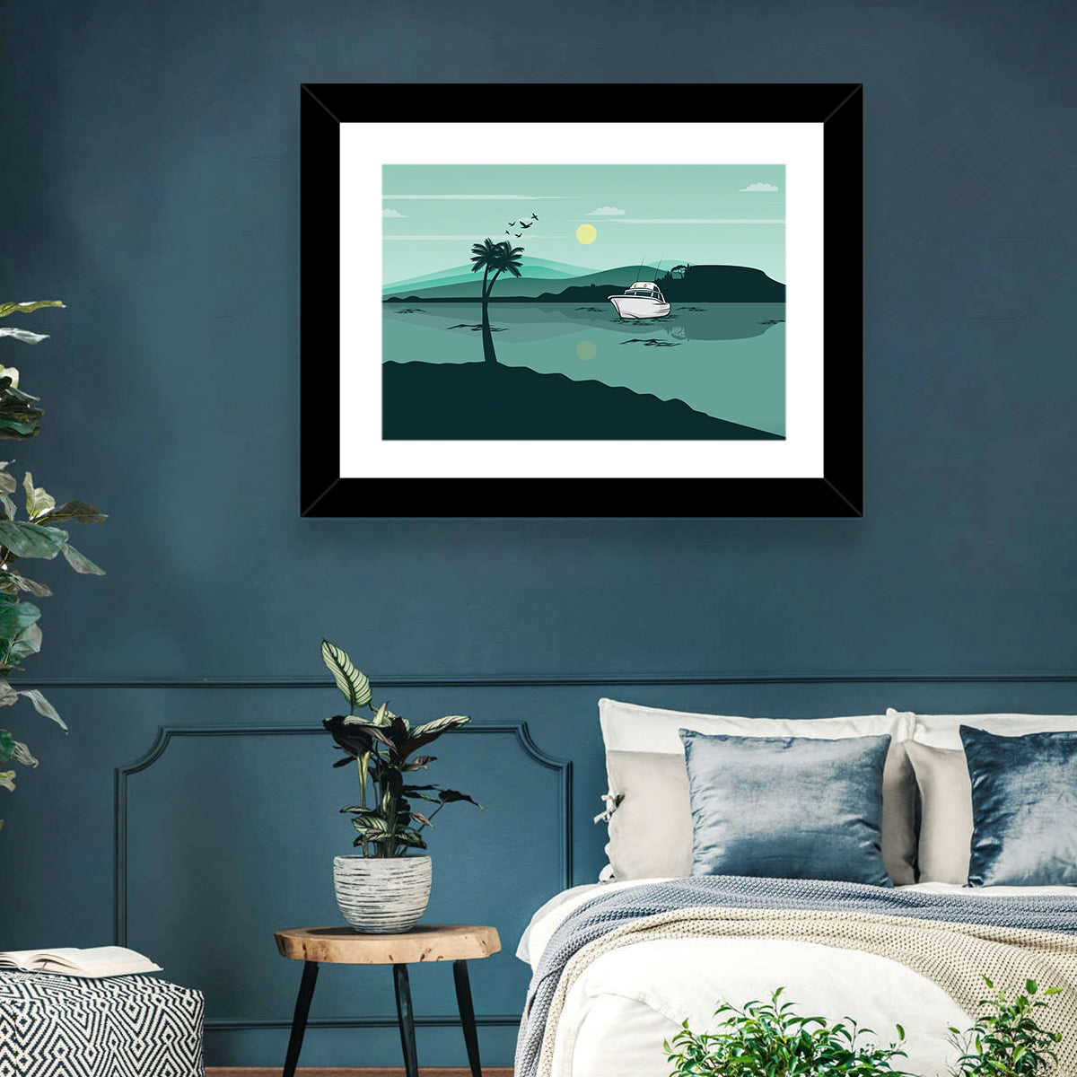 Teal Lake Boat with Palm Tree Wall Art