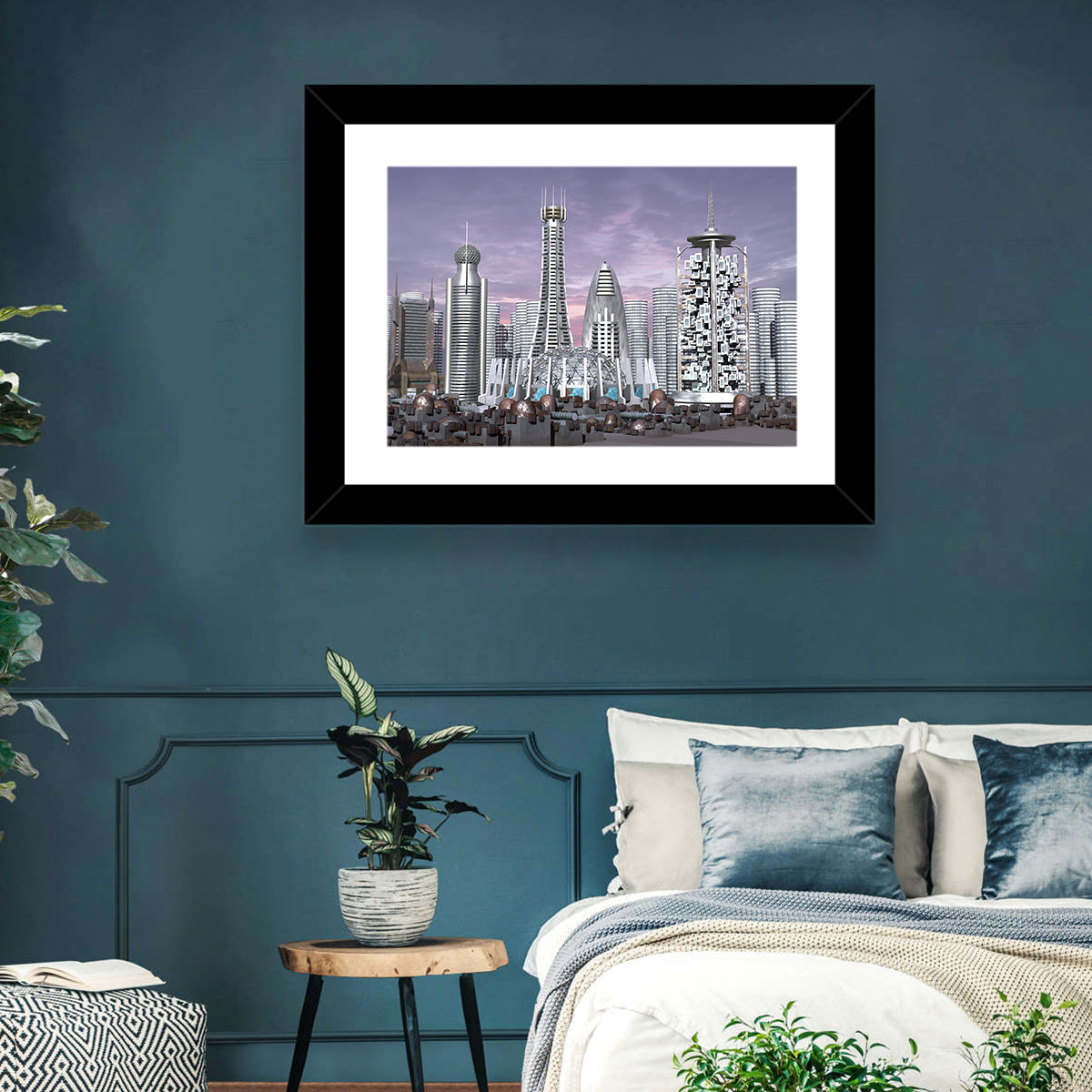 Purple Dusk Futuristic Cityscape Wall Art